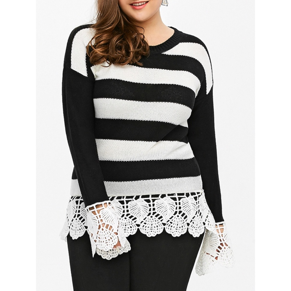 Plus Size Black & White Striped Lace Hem Sweater